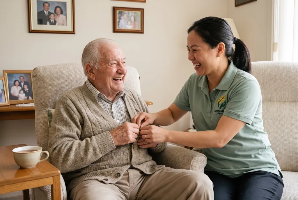 A support worker helping a man button his shirt at the start of the day