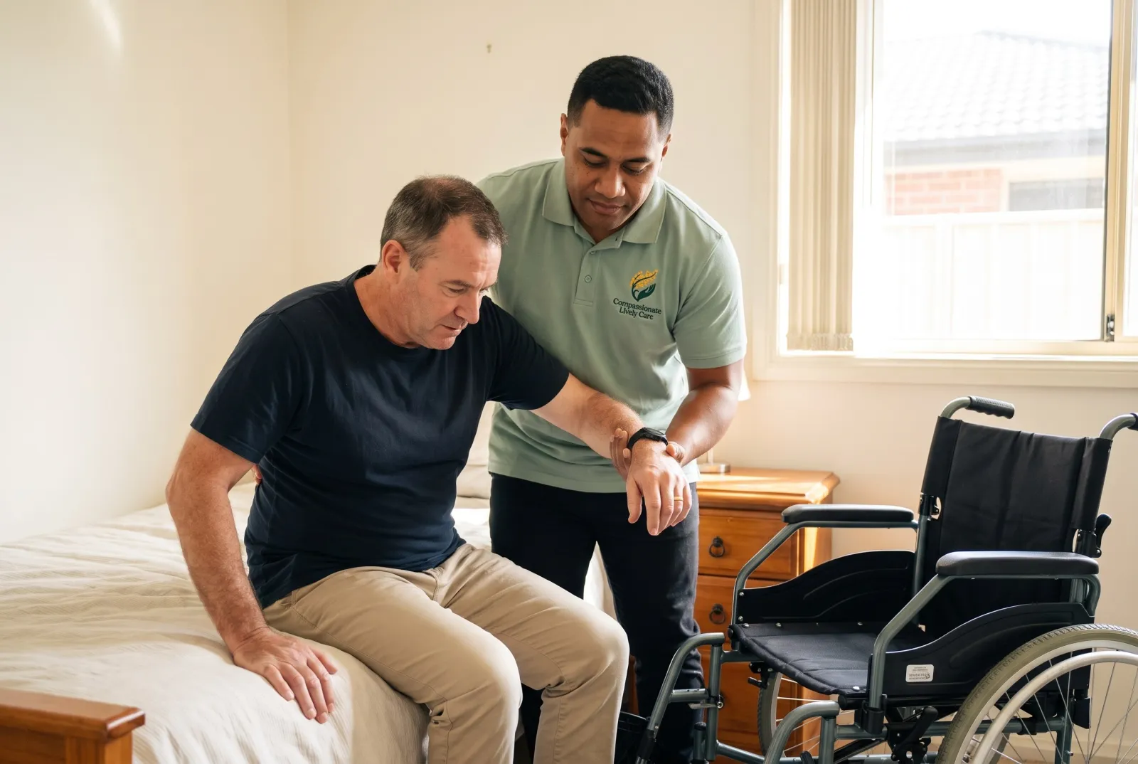 A support worker steadying an older man as he moves from his chair to a walking frame